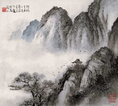 黄幻吾 晚亭归鸟图
